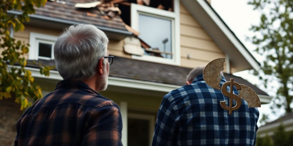 Casa con techo dañado y signo de dólar roto.