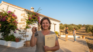 Professional documentary-style photo of a Spanish home sale moment: a person holding house keys and a folder with documents, with a sunny Mediterranean house in the background - ganancia patrimonial vender vivienda | Tuio