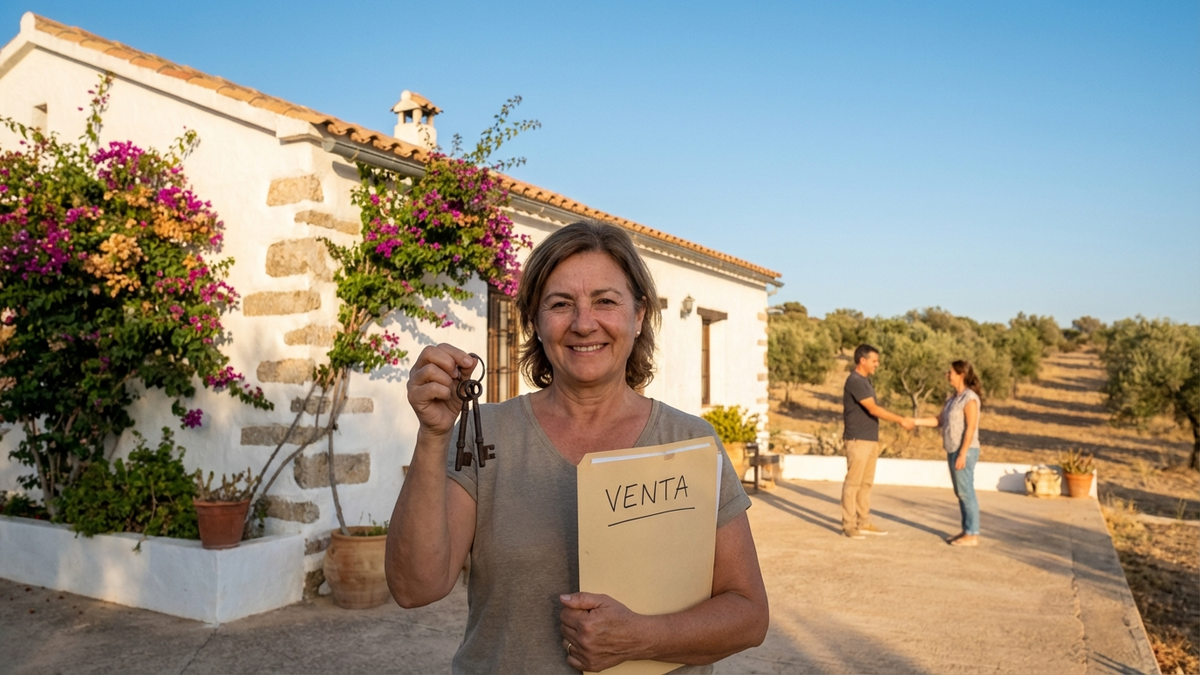 Professional documentary-style photo of a Spanish home sale moment: a person holding house keys and a folder with documents, with a sunny Mediterranean house in the background - ganancia patrimonial vender vivienda | Tuio