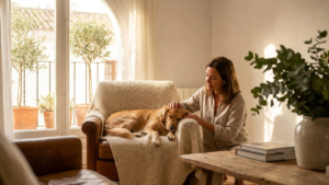 Dueño cuidando a su perro en casa - mi perro vomita | Tuio