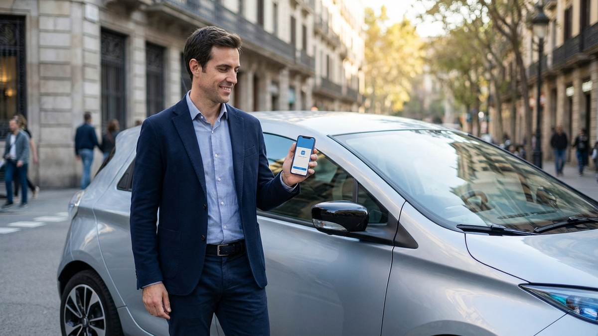 A modern Spanish driver standing next to a clean compact car in a sunny urban street, holding a smartphone showing an insurance app, calm confident mood, warm natural light, professional lifestyle photo, no brand logos, no accidents or damage - cambiar seguro coche | Tuio