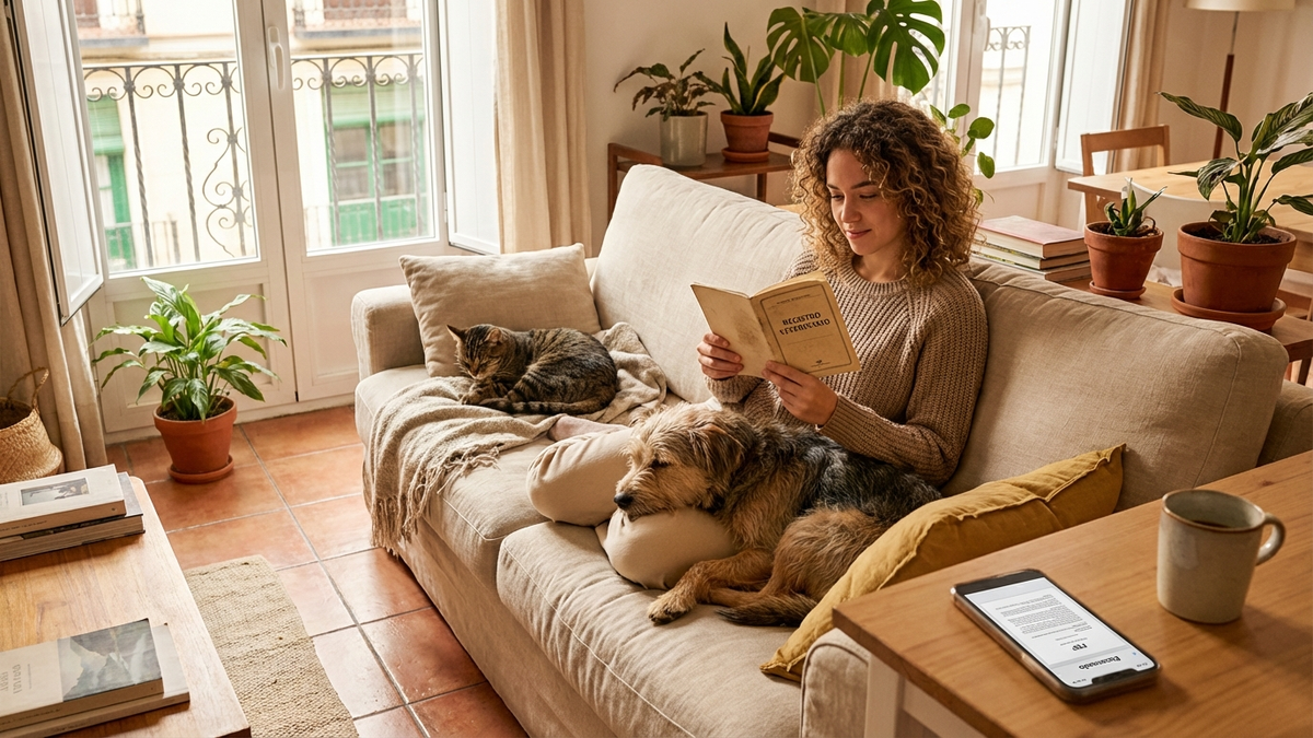 Warm, aspirational scene: a young adult owner at home holding a small pet health booklet (veterinary record) next to a calm mixed-breed dog and a tabby cat on a sofa, soft natural window light, cozy modern Spanish apartment, tidy desk with a smartphone showing a scanned PDF, comforting protective mood, editorial lifestyle photography, high detail, no visible medical symptoms - cartilla veterinaria | Tuio