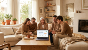 Warm, aspirational photo of a Spanish family in a bright modern living room comparing home insurance on a laptop, cozy home details, natural daylight, calm mood, no damage visible, high realism, editorial lifestyle photography - comparador seguros hogar | Tuio