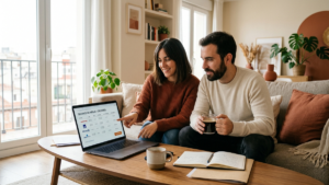 A Spanish couple comparing home insurance options on a laptop in a bright modern living room, cozy apartment, natural daylight, calm and confident mood, coffee on the table, subtle paperwork, elegant home details, realistic editorial quality, no logos, no damage visible - comparador de seguros de hogar ocu | Tuio