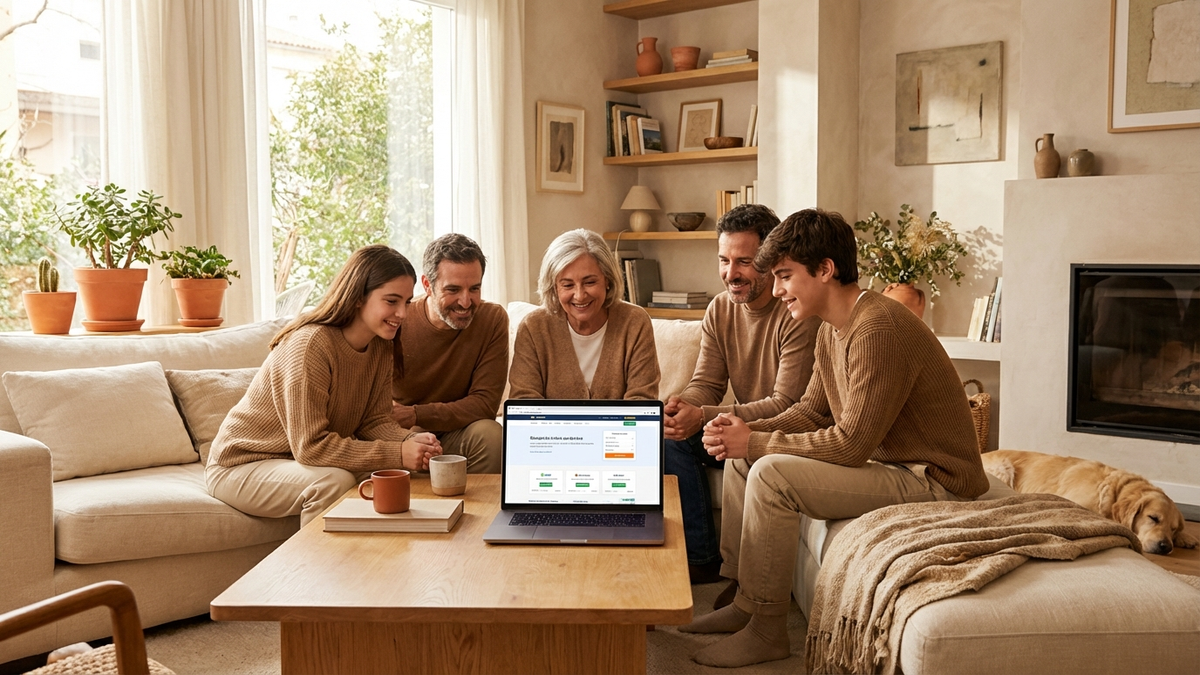 Warm, aspirational photo of a Spanish family in a bright modern living room comparing home insurance on a laptop, cozy home details, natural daylight, calm mood, no damage visible, high realism, editorial lifestyle photography - comparador seguros hogar | Tuio