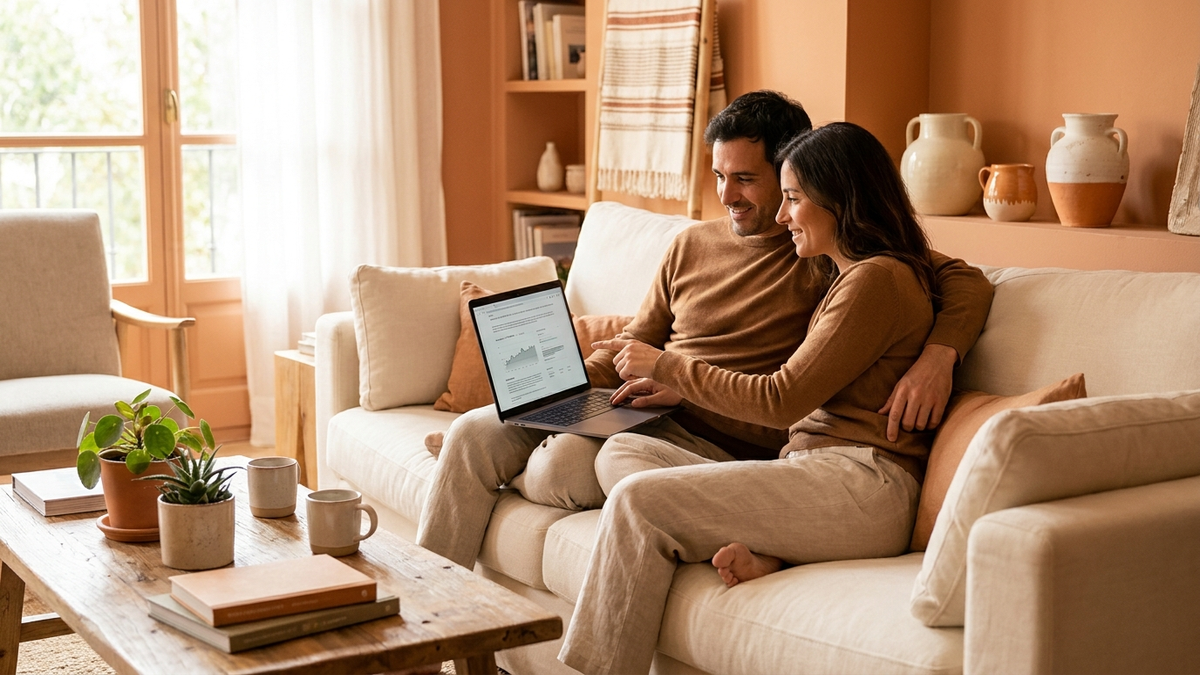 Warm, aspirational lifestyle photo of a Spanish couple in their 30s sitting on a cozy sofa at home, comparing home insurance on a laptop, soft natural window light, tidy living room, subtle home decor, calm and trustworthy mood, high-quality editorial photography, no logos, no text overlay - comparador seguros | Tuio