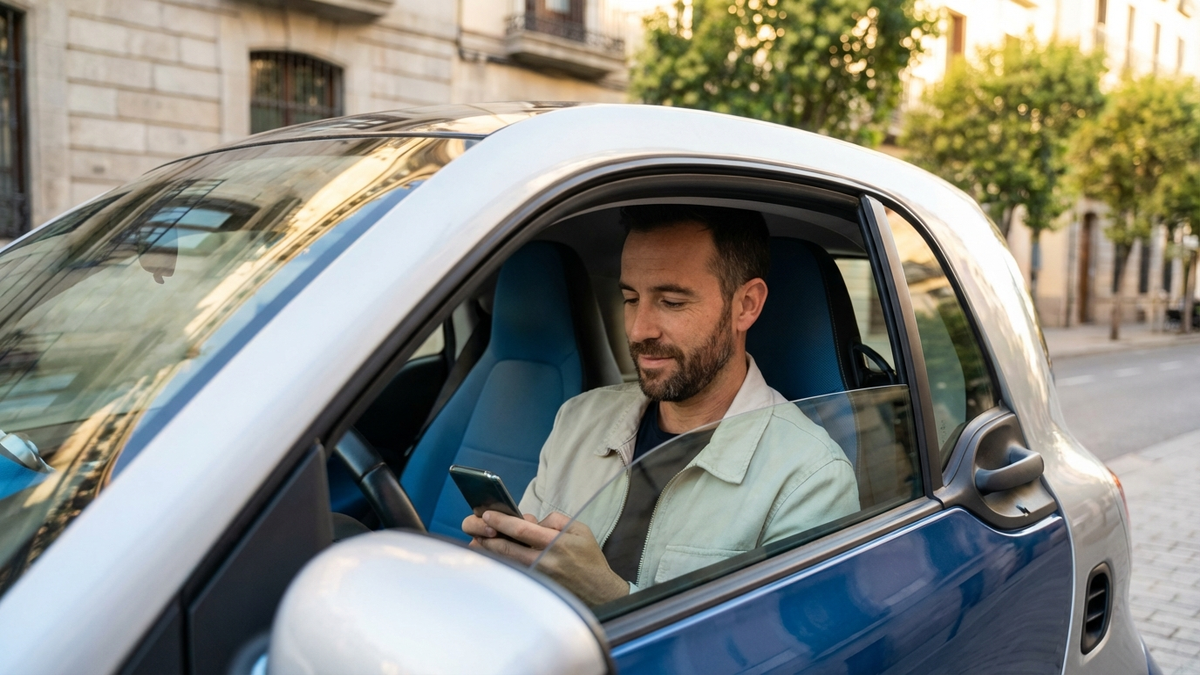A modern Spanish driver in their 30s sitting in a parked compact car, calmly comparing car insurance on a smartphone, warm natural daylight, clean urban background, reassuring and aspirational mood, realistic editorial lifestyle photography, no logos, no text - mejor seguro coche | Tuio