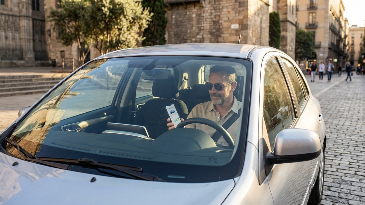 A modern Spanish driver sitting in a compact car parked in a sunny urban street, checking car insurance options on a smartphone, calm and confident mood, warm natural light, clean dashboard, no brand logos, lifestyle photography, high detail, shallow depth of field - seguro coche pago mensual | Tuio