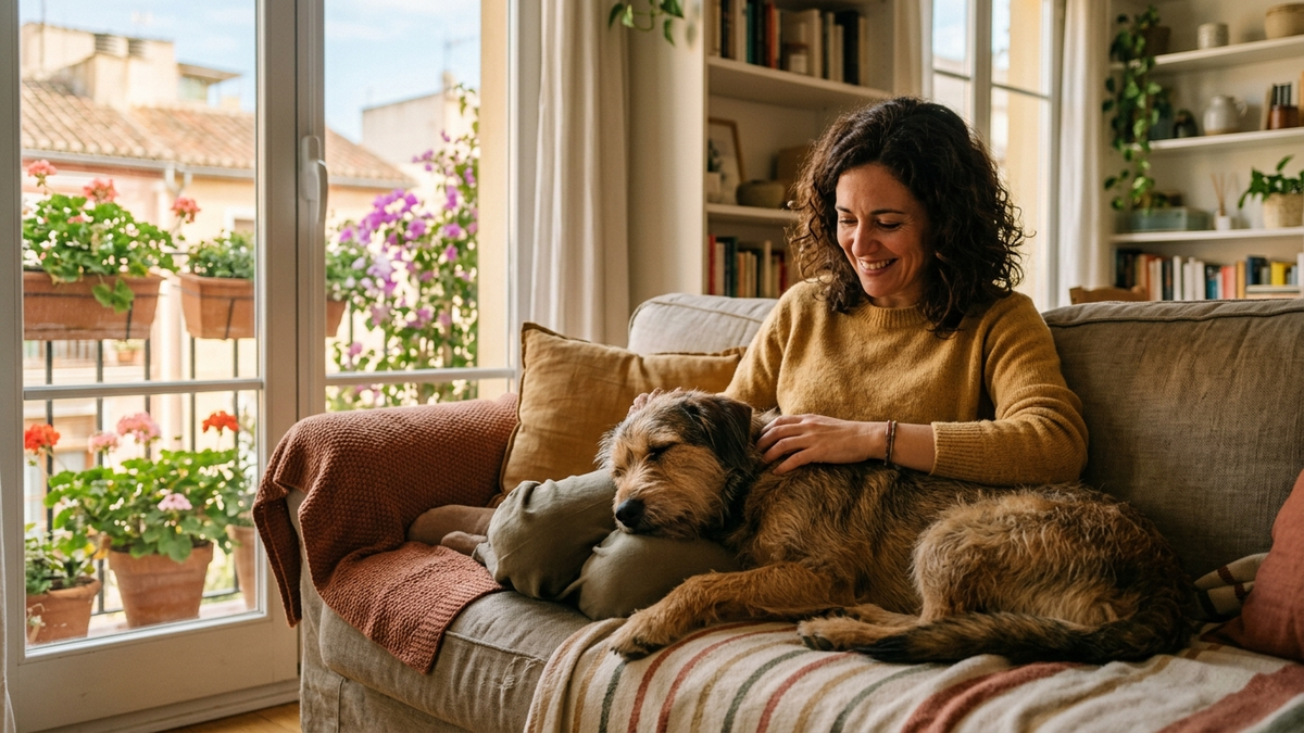 Warm, reassuring scene of a medium-sized mixed-breed dog resting calmly on a cozy sofa at home while the owner gently pets it, soft natural window light, tidy Spanish apartment, feeling of care and protection, no medical symptoms visible, editorial lifestyle photography, high detail - pancreatitis en perros | Tuio