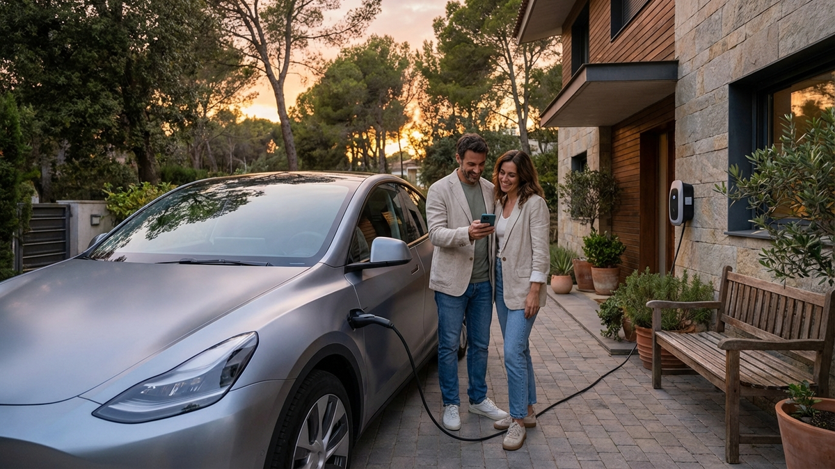 Coche eléctrico cargando en casa al atardecer - seguro coche eléctrico coberturas | Tuio