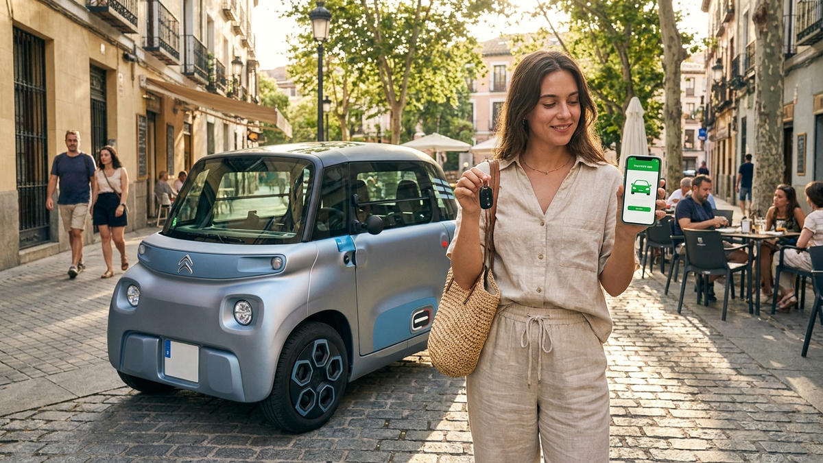 Modern light quadricycle microcar parked on a sunny Spanish city street, young driver holding keys and a phone showing an insurance app, warm natural light, calm everyday lifestyle, no logos, clean and aspirational scene - seguro coche sin carnet | Tuio
