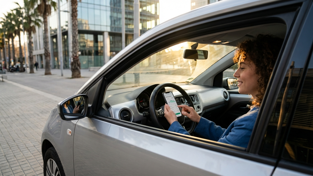 Modern Spanish city street at golden hour, a young adult sitting inside a parked compact car using a smartphone to calculate car insurance, calm and optimistic mood, clean dashboard, soft natural light, realistic editorial lifestyle photo, no brand logos, no accidents, no damage - simulador seguro coche | Tuio