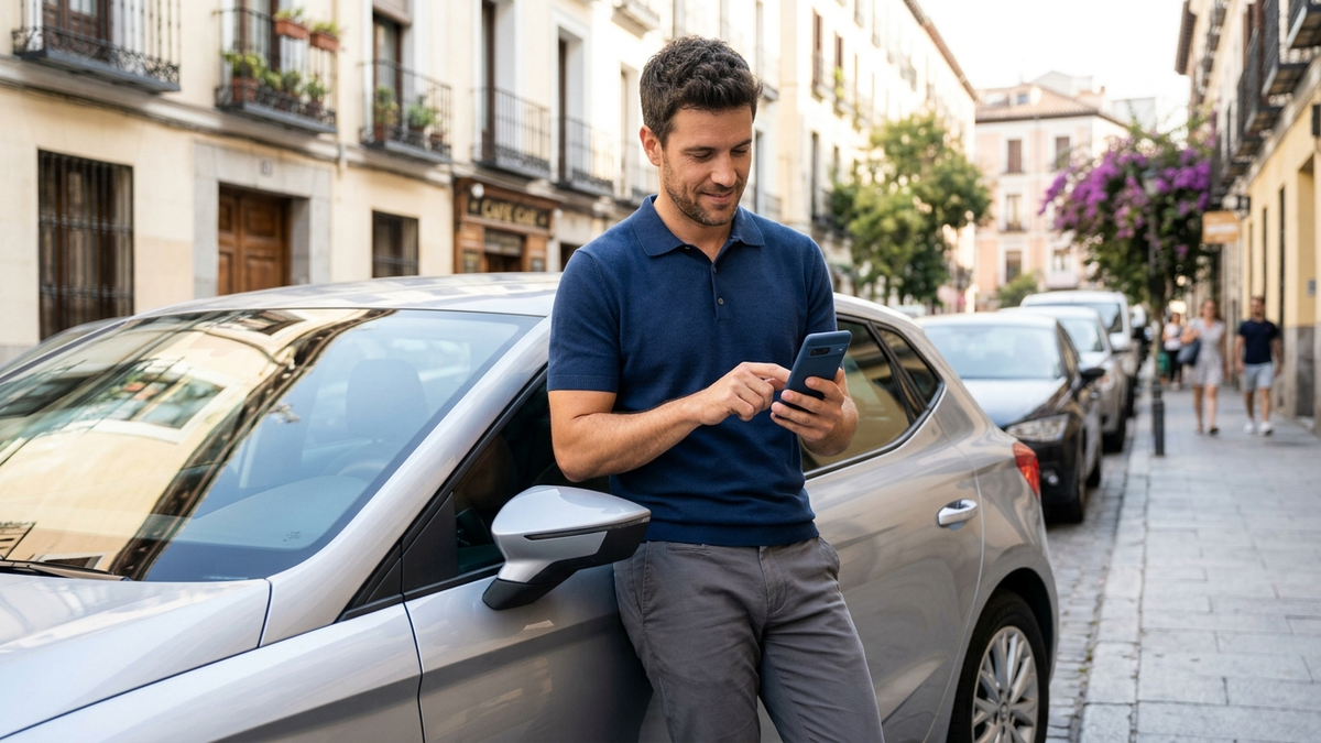 Modern Spanish driver comparing digital car insurance on a smartphone next to a clean compact car parked on a sunny urban street, elegant casual outfit, subtle app-focused mood, optimistic and trustworthy atmosphere, natural light, realistic editorial lifestyle photography - Tuio vs HelloAuto | Tuio