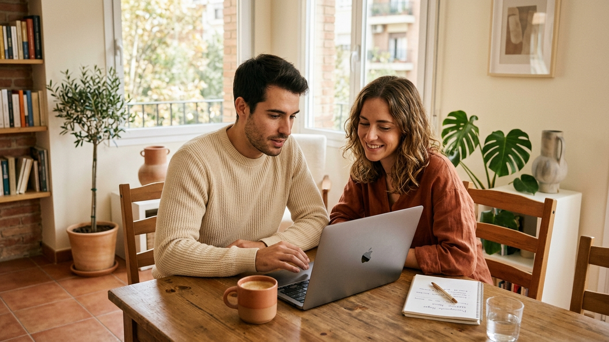 A young couple sitting at a cozy dining table, using a laptop to calculate home insurance online, bright modern apartment, warm natural light, tidy home interior, calm and trustworthy mood, subtle Spanish lifestyle details, realistic editorial quality - calculadora seguro | Tuio
