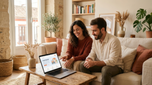 Stylish young couple reviewing home insurance on a laptop in a cozy modern Spanish apartment, warm natural light, tidy living room, soft neutral colors, relaxed and confident mood, subtle home details like plants and books, editorial lifestyle photography - cuanto cuesta un seguro de hogar | Tuio