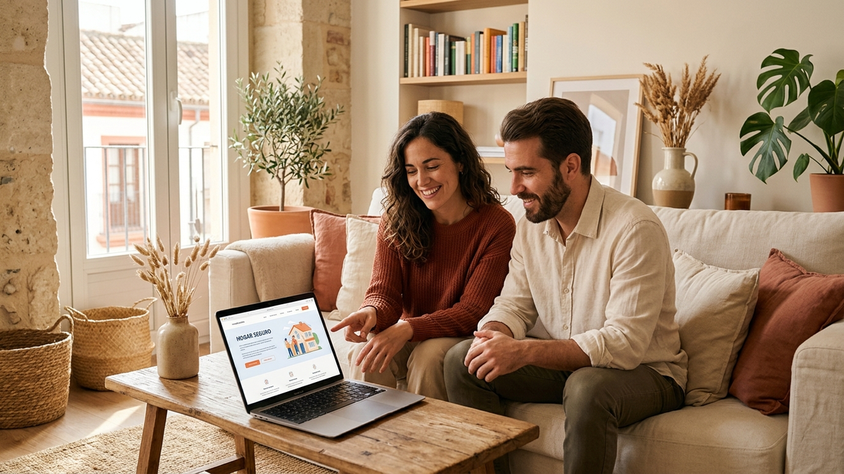 Stylish young couple reviewing home insurance on a laptop in a cozy modern Spanish apartment, warm natural light, tidy living room, soft neutral colors, relaxed and confident mood, subtle home details like plants and books, editorial lifestyle photography - cuanto cuesta un seguro de hogar | Tuio