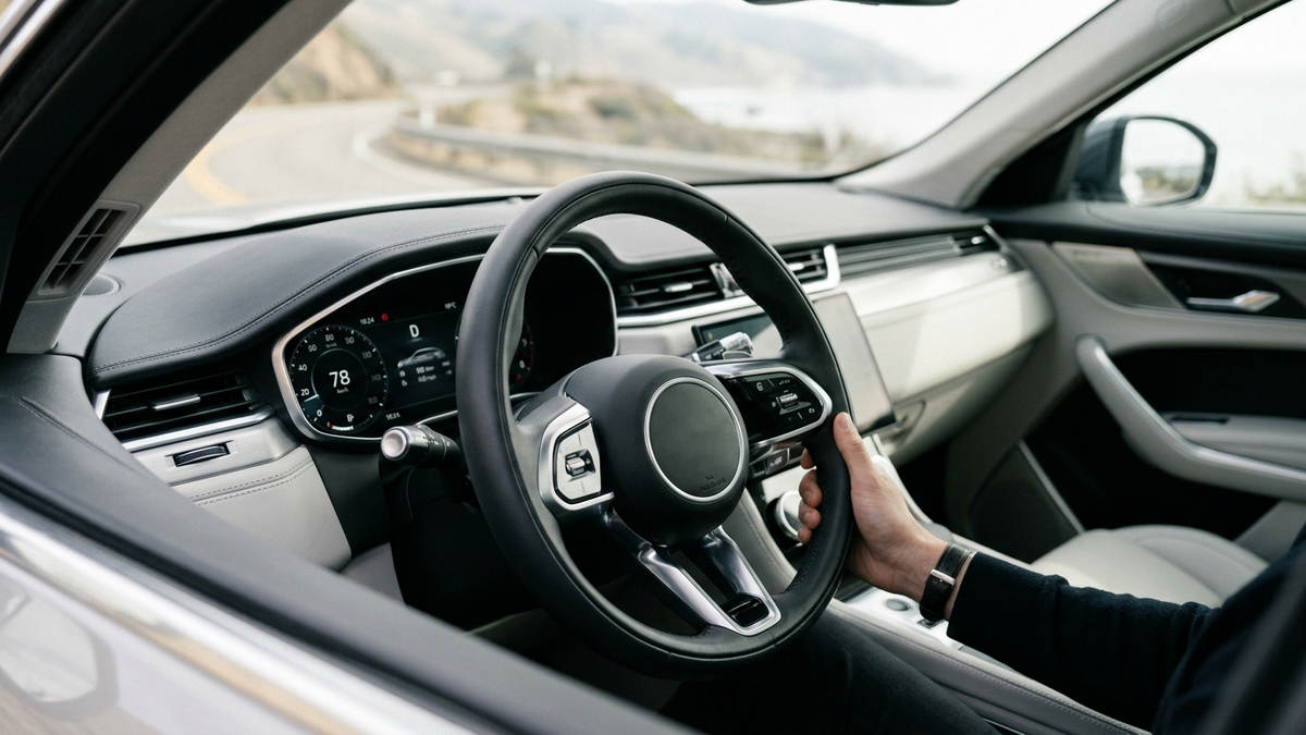 Photo of a modern car steering wheel and dashboard in soft daylight, neutral interior, lifestyle product photography, professional, no text, no logos visible - linea directa opiniones | Tuio