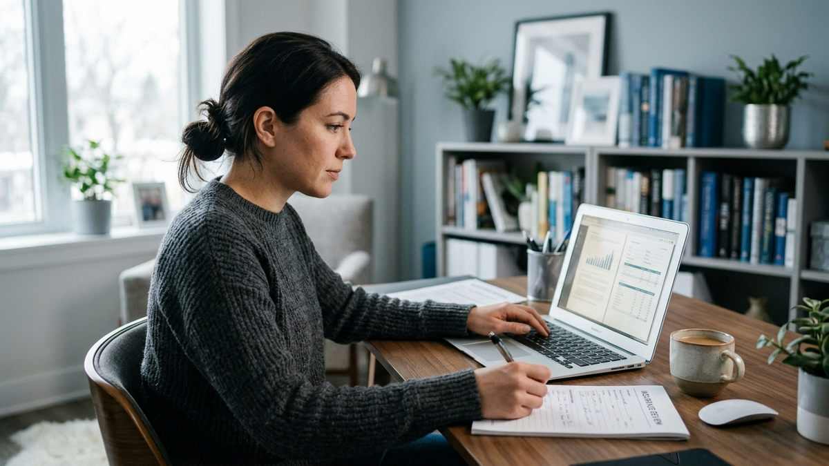 Photo of a person reviewing insurance documents on a laptop, modern home office, neutral lighting, professional lifestyle photography, no text, no logos visible - mapfre opiniones | Tuio