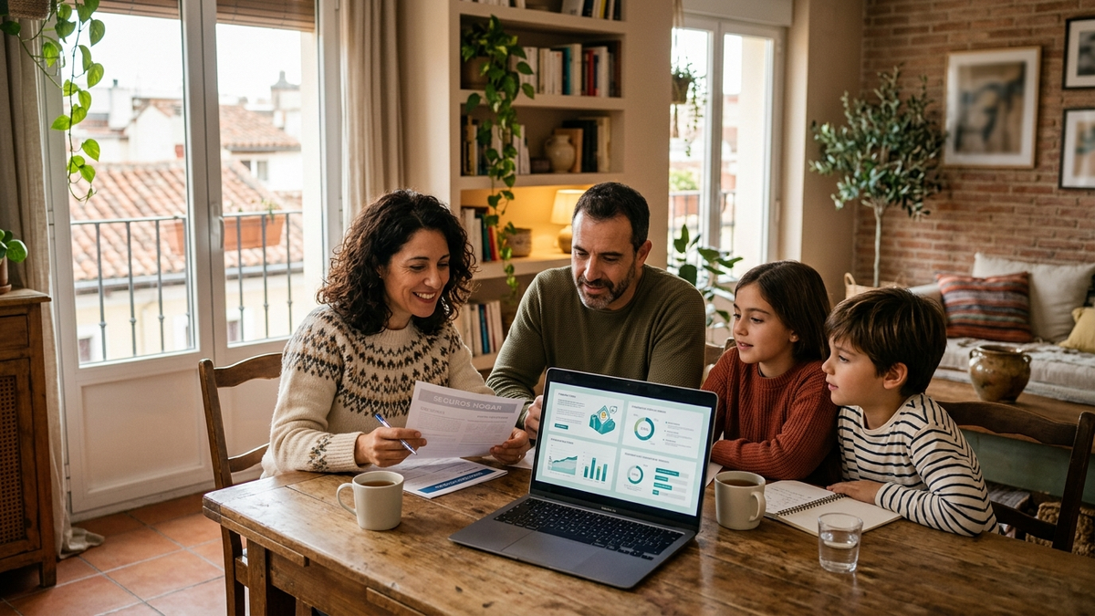 Editorial flat illustration of a Spanish family reviewing home insurance options on a laptop, modern minimalist style, soft pastel palette with teal accents, no text, no logos, 16:9 - Caser opiniones | Tuio