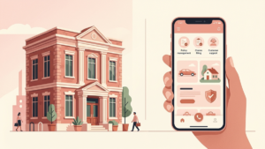 Editorial illustration: clean comparison concept between a traditional insurance office building and a modern smartphone showing an online insurance app, soft pastel palette, Tuio brand colors (warm pink and cream), flat vector style, no text, no logos, no faces - Generali opiniones | Tuio