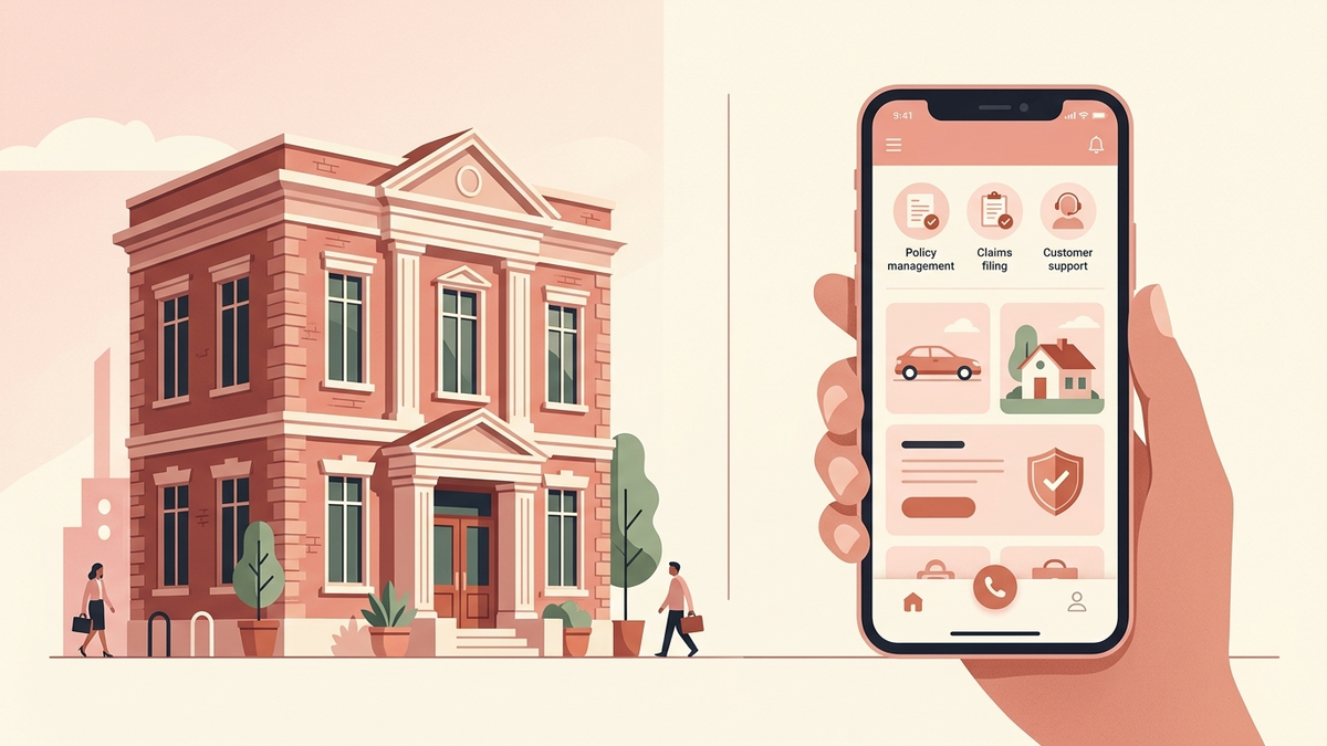 Editorial illustration: clean comparison concept between a traditional insurance office building and a modern smartphone showing an online insurance app, soft pastel palette, Tuio brand colors (warm pink and cream), flat vector style, no text, no logos, no faces - Generali opiniones | Tuio