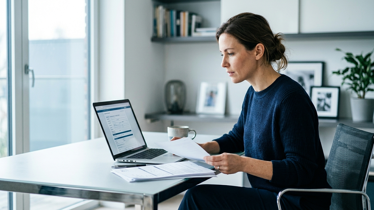 Photo of a person reviewing insurance documents on a laptop, modern home office, neutral lighting, professional lifestyle photography, no text, no logos visible - Génesis opiniones | Tuio