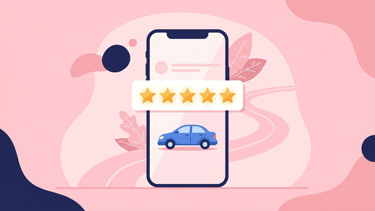 Editorial flat illustration of a car insurance review concept: a stylized smartphone showing a 5-star rating widget next to a small car icon, soft pastel background, modern minimal flat design, Tuio palette (soft pink #FFD6E0, navy accents), no text in image, friendly and trustworthy mood - Liberty Seguros opiniones | Tuio