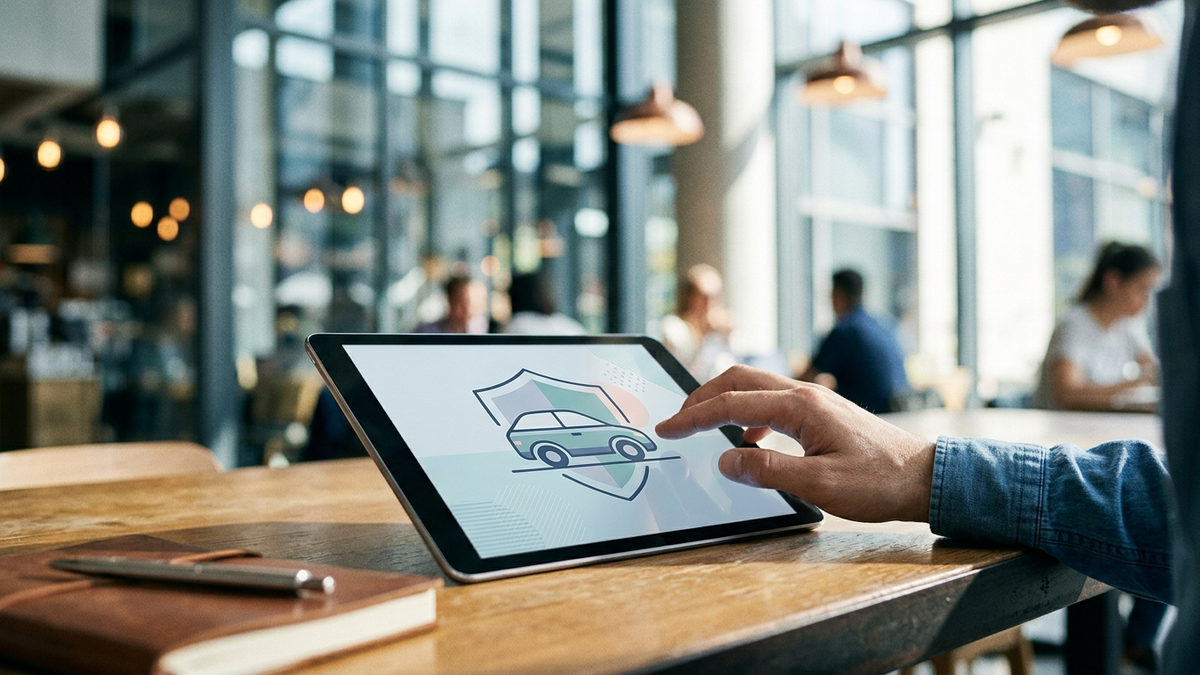 Editorial flat illustration of a car insurance comparison concept: a shield icon and a car silhouette over a clean abstract background, soft pastel palette, modern minimal style, no text - Pelayo opiniones | Tuio
