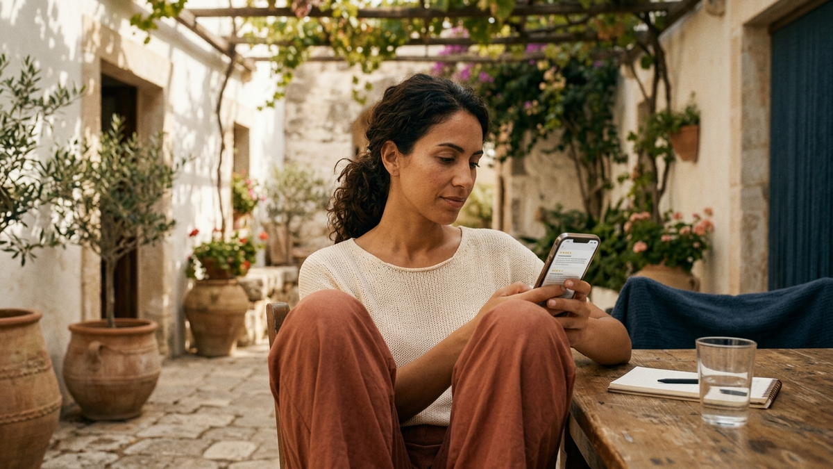 Editorial illustration of an insurance customer reading reviews on a smartphone, neutral Mediterranean tones, modern flat style, no logos, no text overlays - Reale opiniones | Tuio