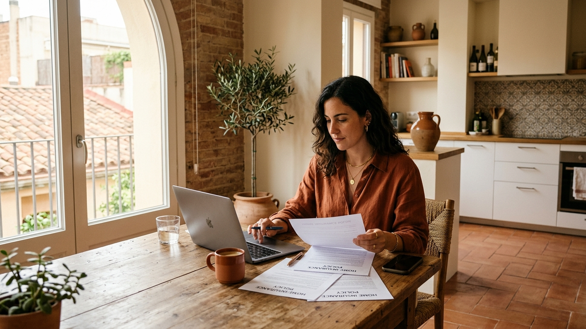 Photo of a person reviewing home insurance documents on a laptop at a kitchen table, natural daylight from window, modern Spanish apartment interior, professional lifestyle photography, no text, no logos visible - Santalucía opiniones | Tuio
