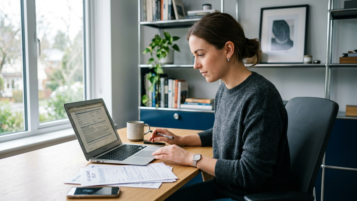 Photo of a person reviewing car insurance documents on a laptop, modern home office, neutral lighting, professional lifestyle photography, no text, no logos visible - Verti opiniones | Tuio