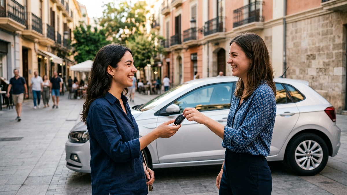 Warm portrait of a young adult driver receiving car keys from a friend in a bright Spanish city street, modern compact car in background, soft natural light, calm and trustworthy mood, lifestyle editorial photography, no logos, no text - conducir coche no es tuyo | Tuio