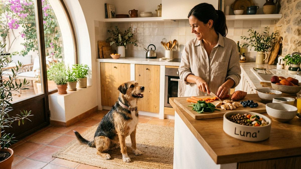Happy medium-sized mixed-breed dog sitting calmly in a bright modern kitchen while its owner prepares a balanced meal, dry food bowl and fresh dog-safe ingredients visible, warm natural morning light, cozy Spanish home, caring atmosphere, beautiful lifestyle editorial photo - qué comen los perros | Tuio