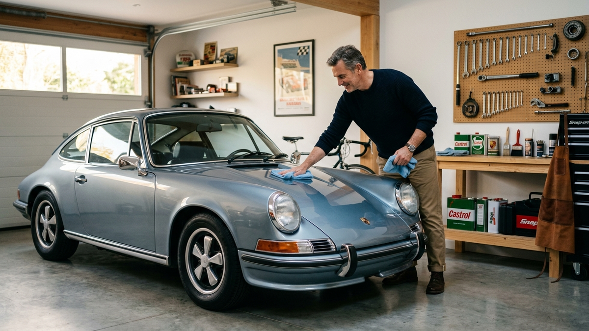 Aspirational editorial lifestyle photo of a well-kept classic car (1970s European coupe) parked in a clean private garage, warm natural light, a meticulous collector gently polishing the hood with a microfiber cloth, vintage tools neatly arranged, cozy premium atmosphere, no damage, no text, high detail, shallow depth of field - seguro coche clasico | Tuio