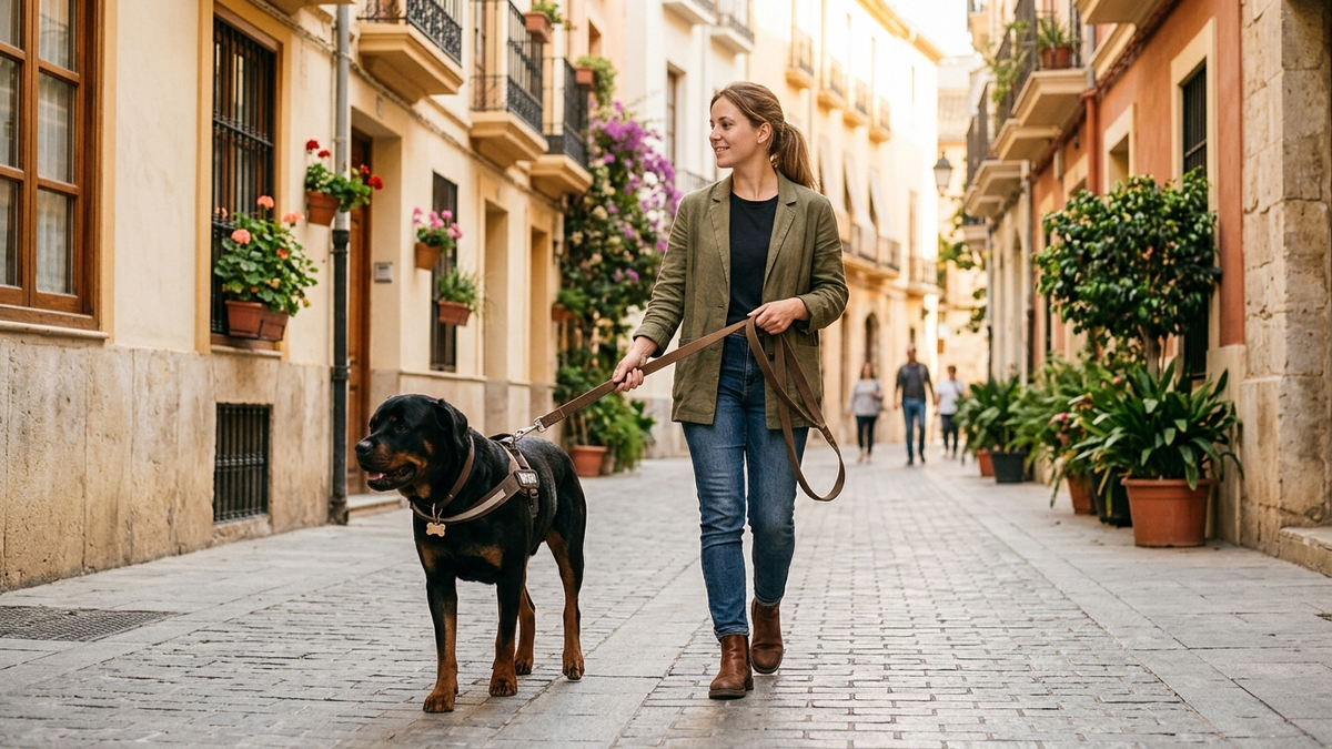 Warm editorial lifestyle photo: responsible dog owner holding a leash with a calm large dog (Rottweiler-like mix) walking in a clean Spanish city street, soft morning light, relaxed atmosphere, no aggressive cues, subtle focus on safety and responsibility, high quality, natural colors - regulación de los PPP en España | Tuio