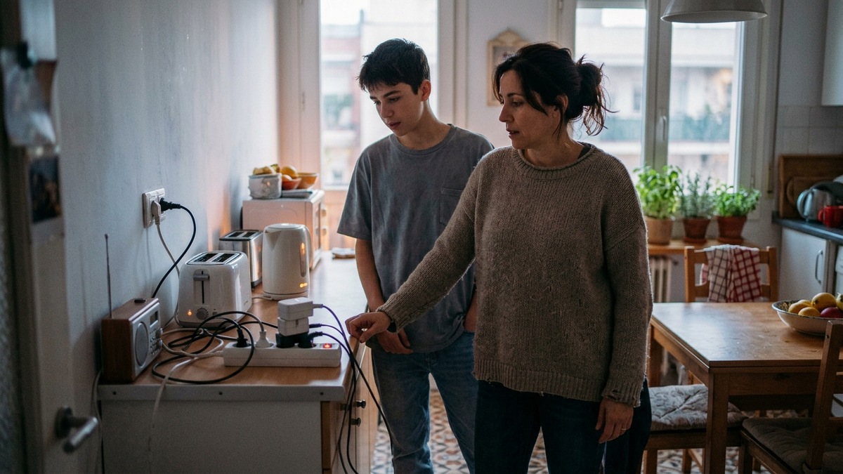 Adulto y adolescente junto a una regleta sobrecargada en la cocina de casa