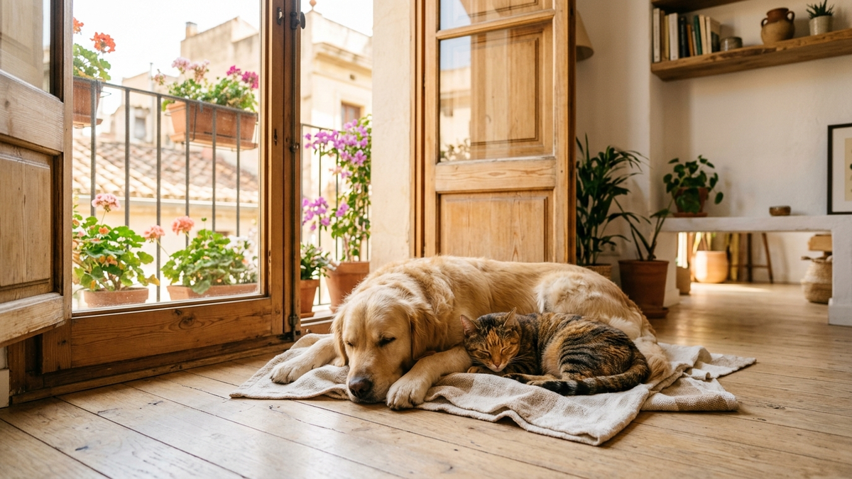 Perro y gato descansando juntos en casa junto a una ventana soleada