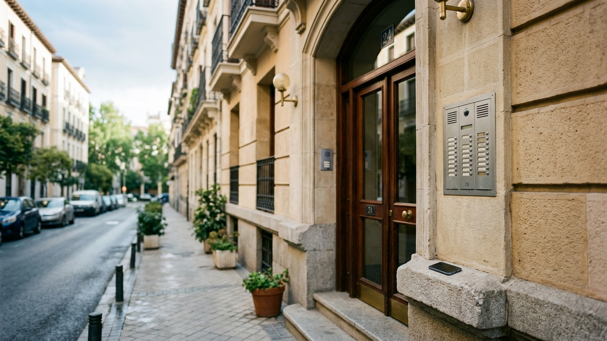 Portal de un edificio en Madrid con un móvil apoyado, en una escena de gestión rápida del seguro.