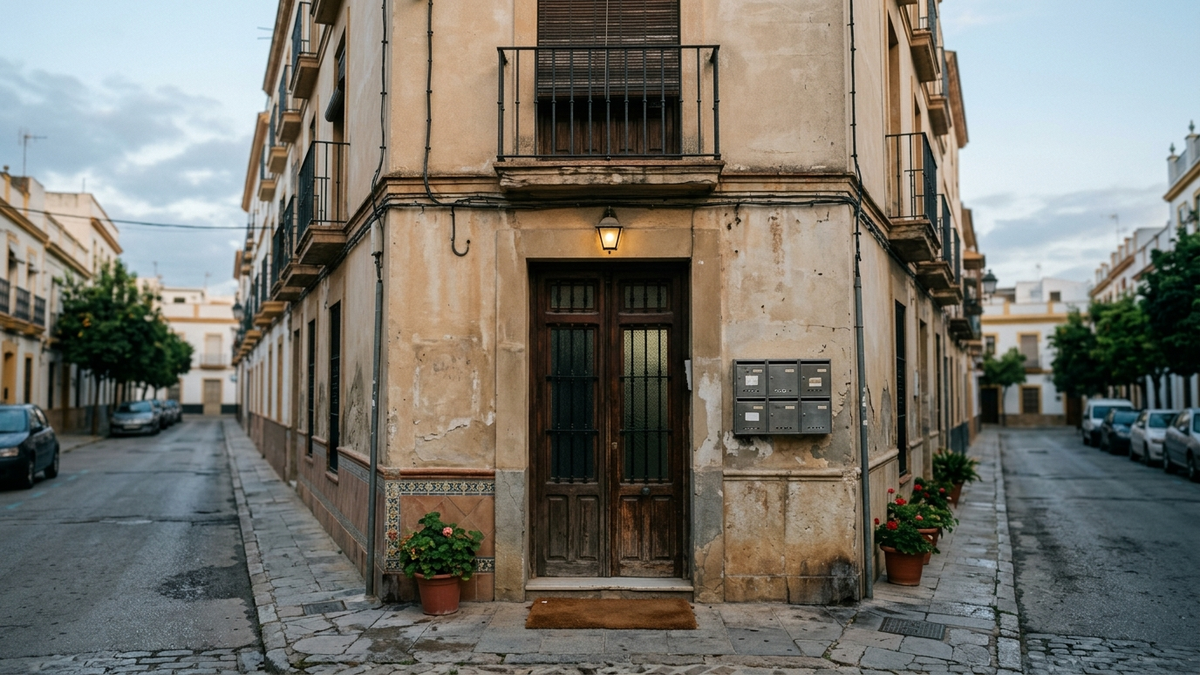 Portal de un edificio de viviendas con buzones y un rellano vacío al amanecer