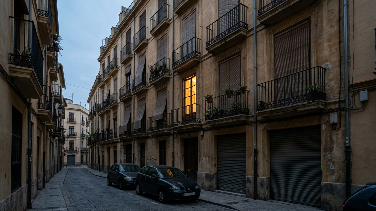 Fachada de un piso en una calle residencial al anochecer, con una ventana encendida