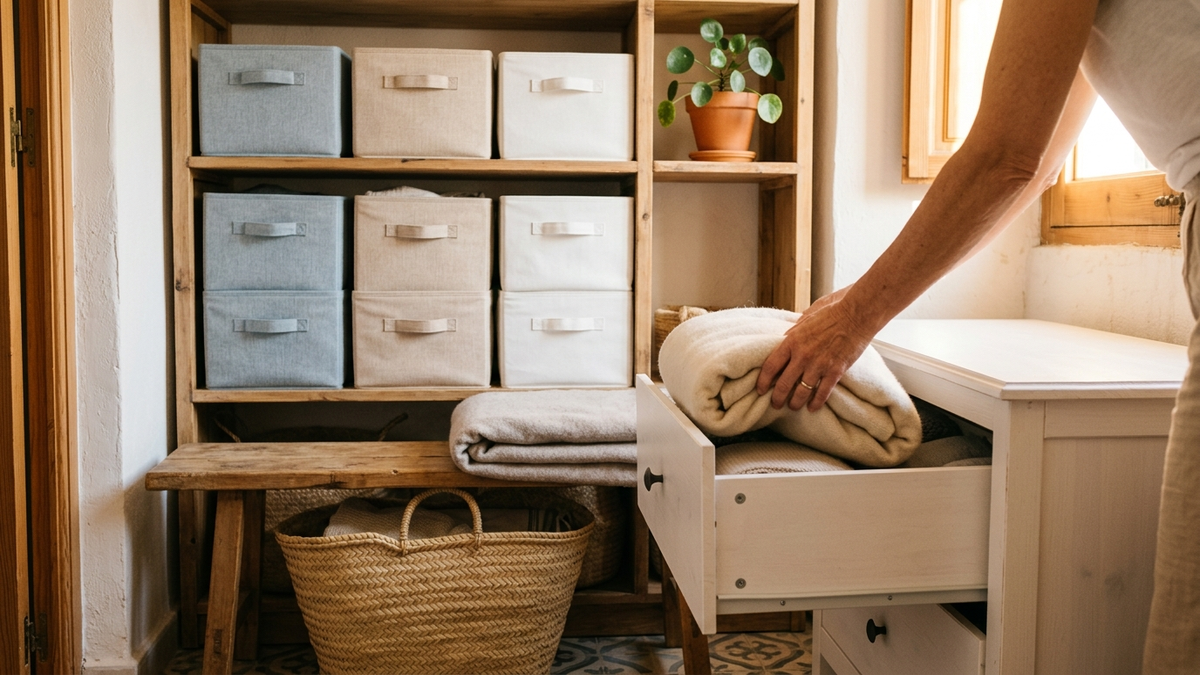 Estantería ordenada con cajas y una mano guardando una manta en casa