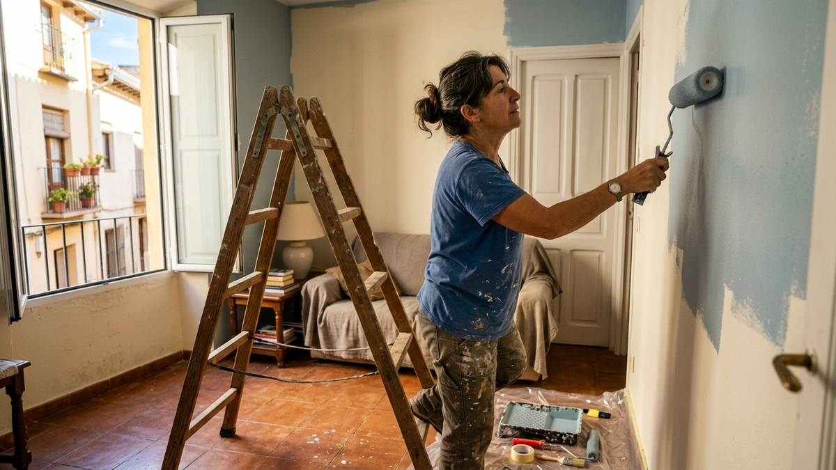 Propietario pintando una pared en una vivienda, en una reforma casera.