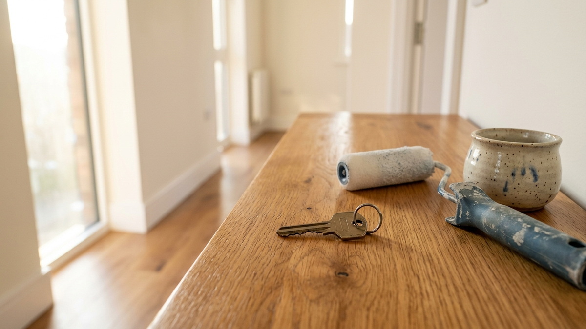 Llave de piso en un recibidor vacío, junto a un rodillo y una maceta pequeña