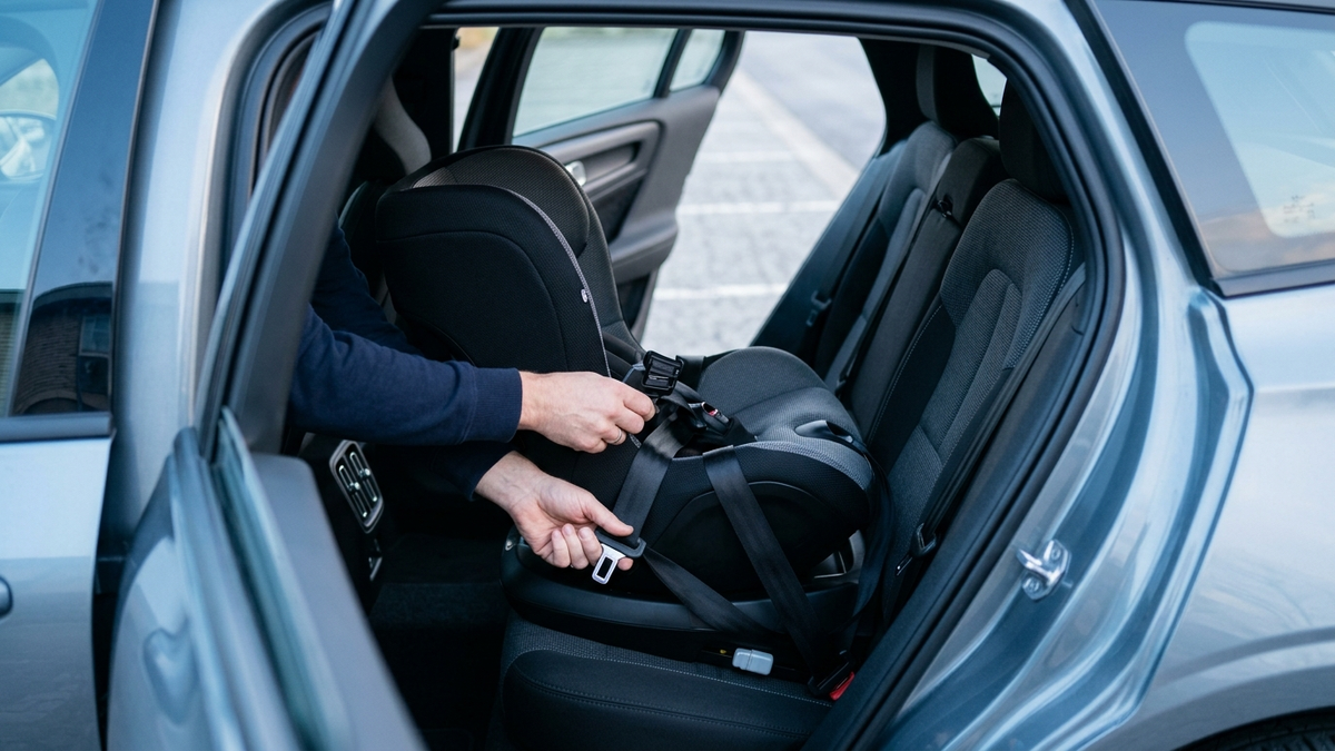 Silla infantil instalada y cinturón bien ajustado en el asiento trasero del coche