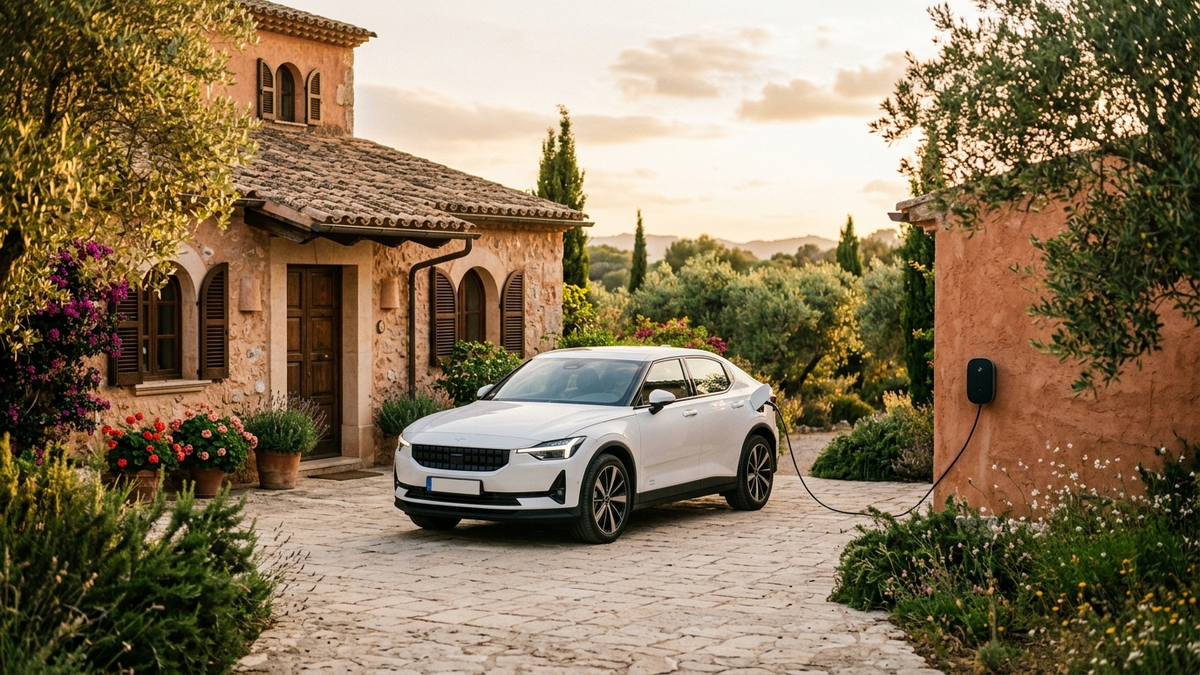 Realistic editorial photo: a white electric SUV plugged into a wall charger in the paved driveway of a Mediterranean terracotta house with olive trees, warm evening light, seen from the front three-quarter angle - cual es el mejor seguro coche xpeng en espana 2026 | Tuio