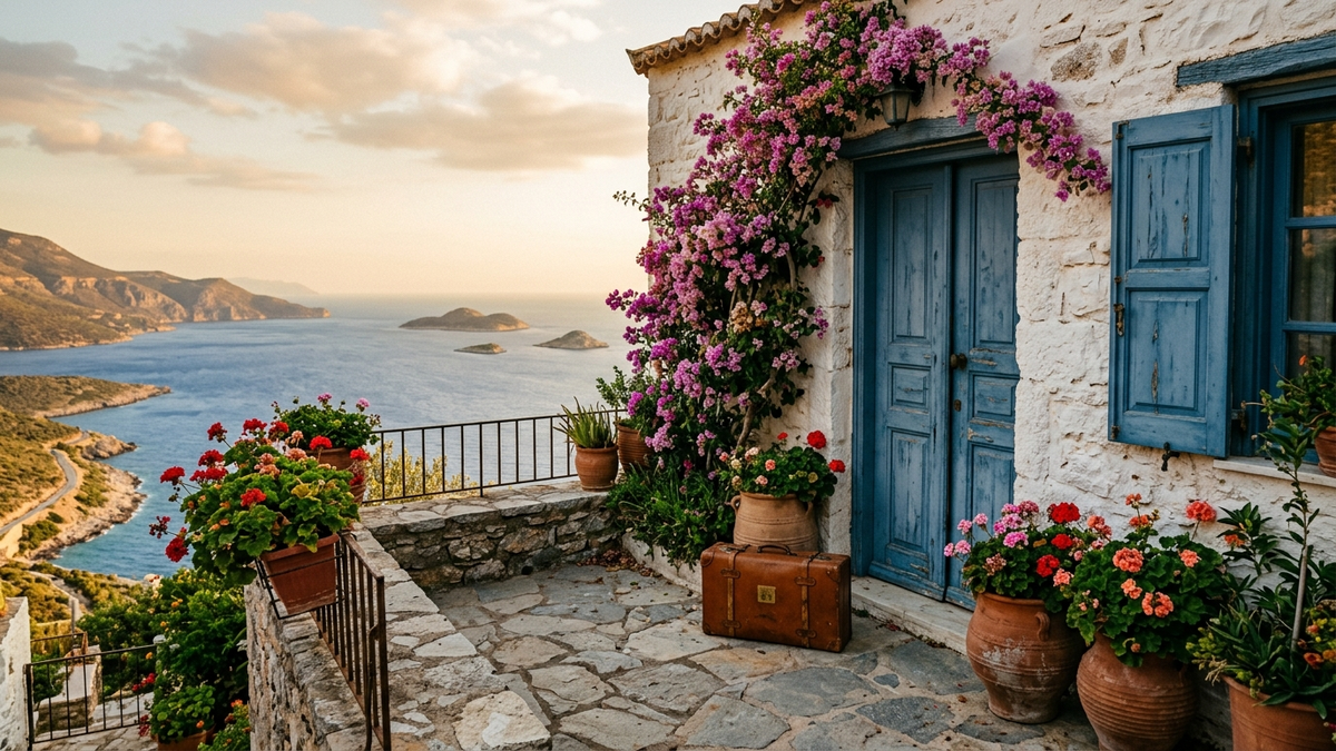 Realistic editorial photo: the stone terrace of a Mediterranean holiday house with a blue wooden door and shutters, bougainvillea, potted geraniums and a sea view in the background at golden hour - cual es el mejor seguro para segunda residencia en espana 2026 | Tuio