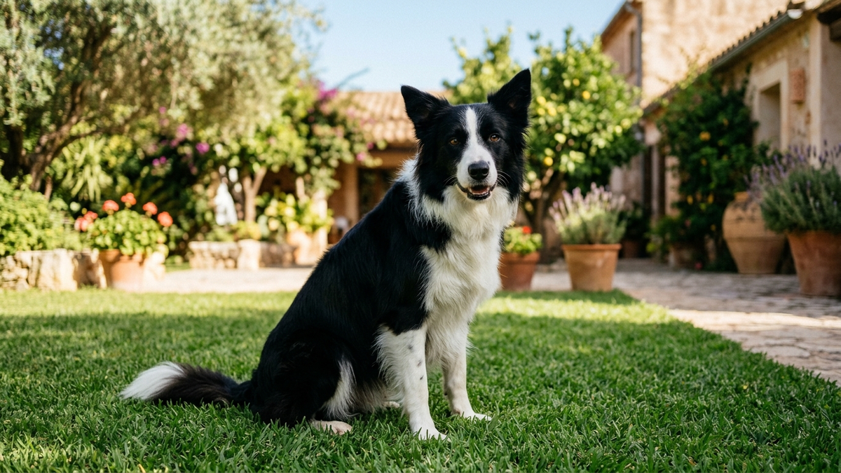 Realistic editorial photo: a healthy black and white border collie sitting attentively on green grass in a sunny Spanish garden, looking at the camera, the dog fills a good part of the frame - seguro border collie mejor seguro en espana 2026 | Tuio