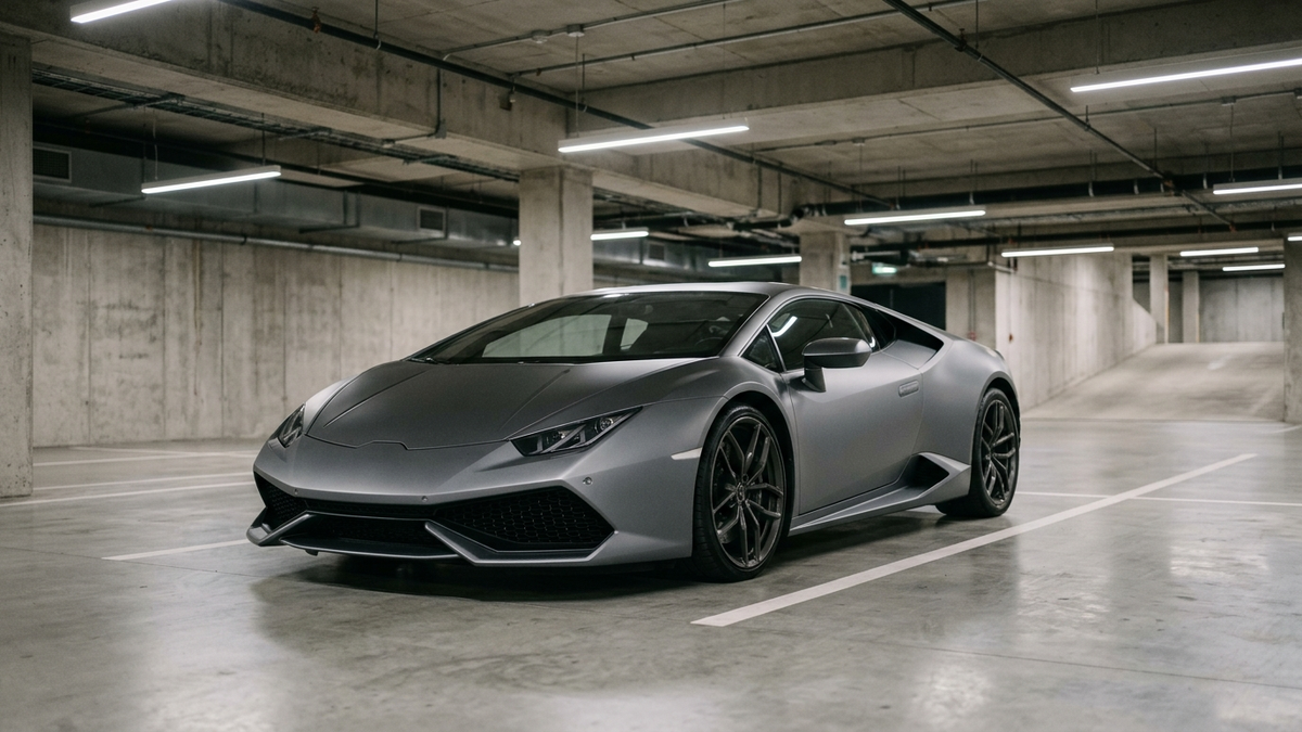 Realistic editorial photo: a low, wedge-shaped, mid-engine Italian-style supercar with sharp angular lines and hexagonal air intakes, matte grey, parked alone in a clean modern underground garage with soft overhead lights, seen from the front three-quarter angle - seguro coche lamborghini mejor seguro en espana 2026 | Tuio