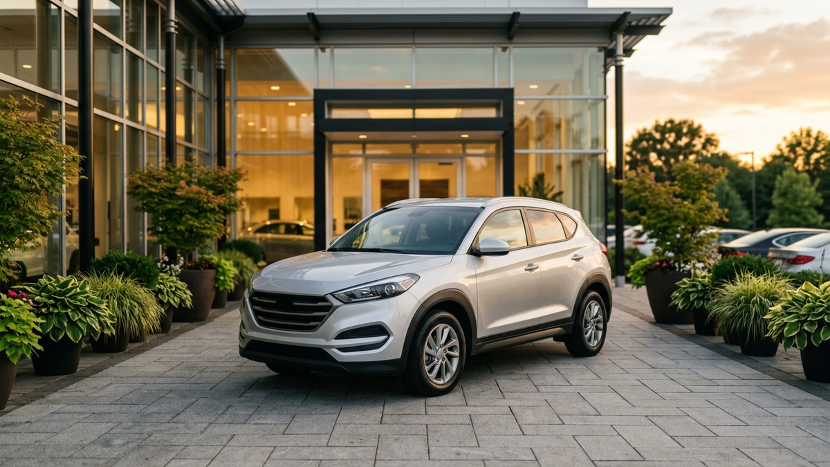Realistic editorial photo: a silver compact SUV parked outside a modern car dealership at golden hour, seen from the front three-quarter angle, clean paved forecourt with potted plants - seguro coche skoda mejor seguro en espana 2026 | Tuio