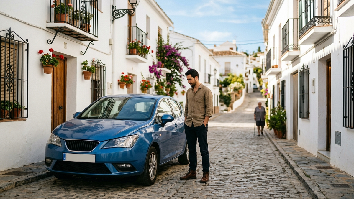 Realistic editorial photo: a blue compact hatchback parked on a sunny cobbled residential street in a Spanish town with white houses and iron balconies - seguro opel corsa mejor seguro en espana 2026 | Tuio